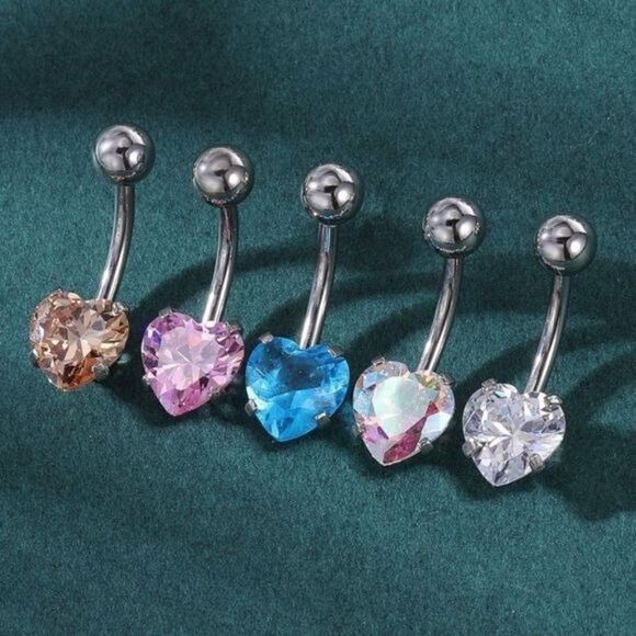 14G 316L Heart Cubic Zirconia Barbell Belly Button Navel Rings - Set of 10 - Picture 3 of 7